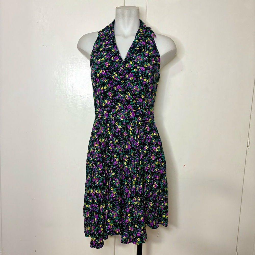 Vintage 80s David Rose Black Purple Floral Collared Halter Mini A Line Dress
